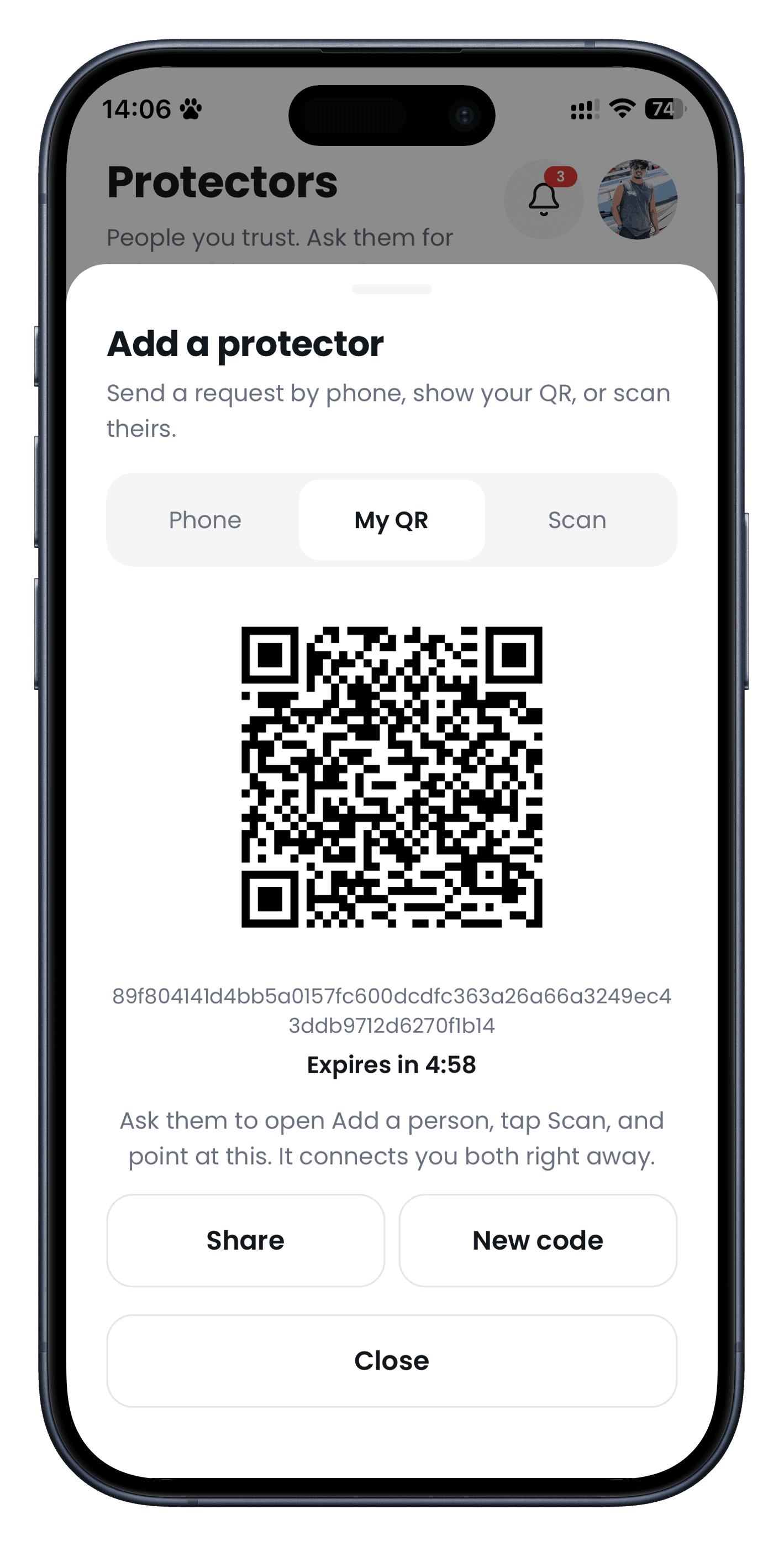Add a protector with a temporary QR code